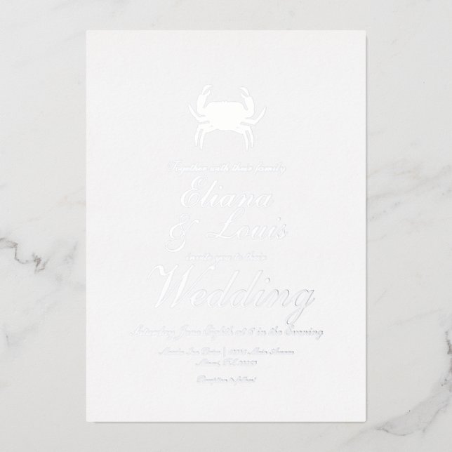 Beach Crab Script Wedding Pressed  Foil Invitation (Front)