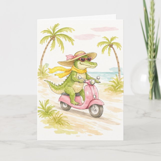 Beach Crocodile Watercolor Note Card (Front)