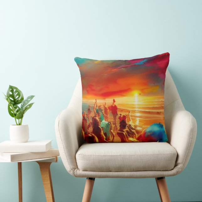 Beach crowd gold red blue teal abstract modern cushion (Chair)