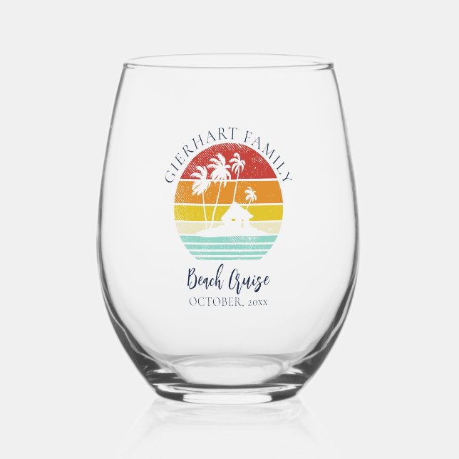 Beach Cruise Family Vacation Matching Stemless Wine Glass (Front)