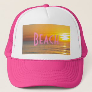 Beach Custom Text Sun rise image Hot Pink Colour Trucker Hat