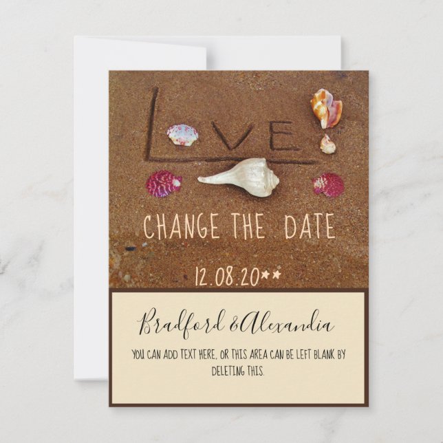 Beach custom wedding Shells & Love Change The Date Save The Date (Front)