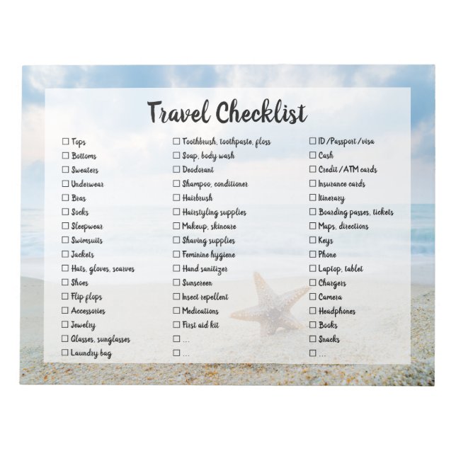 Beach Customisable Travel Packing List Checklist N Notepad (Front)