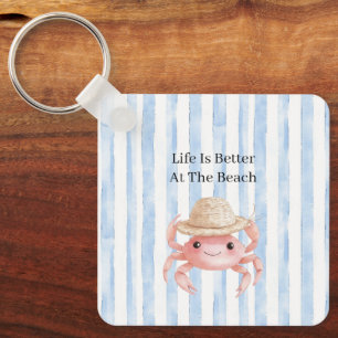 Beach Cute Pink Smiling Crab with Hat Key Ring
