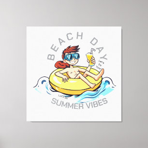 Beach Day Cartoon Character on Inflatable Ring Canvas Print