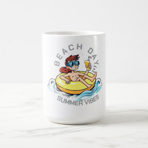 Beach Day Cartoon Character on Inflatable Ring Coffee Mug