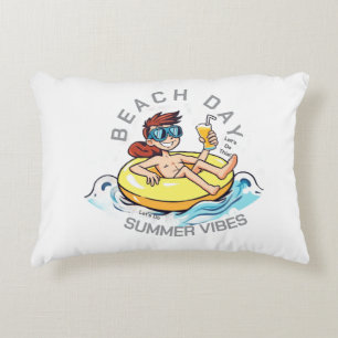 Beach Day Cartoon Character on Inflatable Ring Decorative Cushion