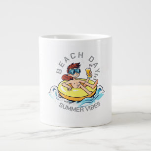 Beach Day Cartoon Character on Inflatable Ring Large Coffee Mug