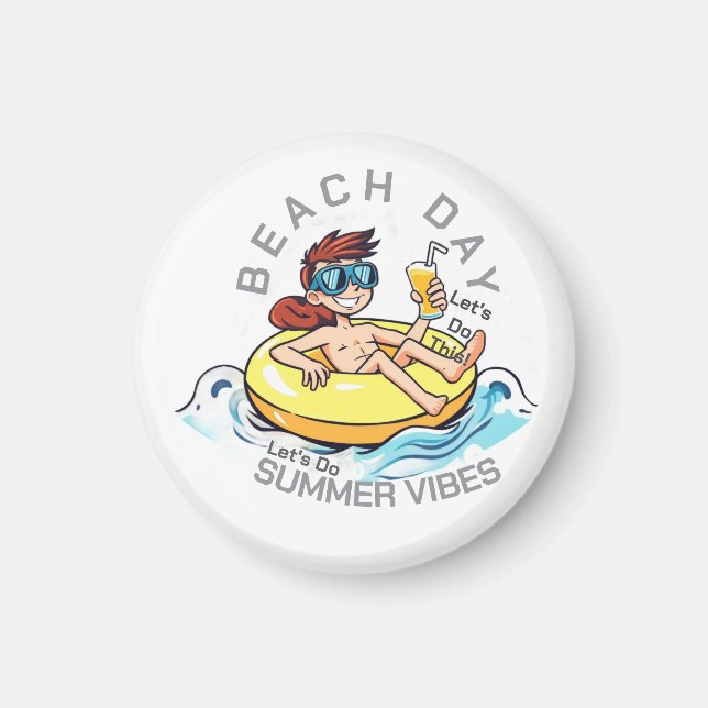 Beach Day Cartoon Character on Inflatable Ring Magnet (Front)