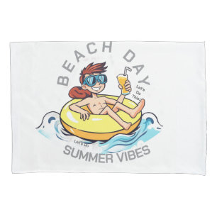 Beach Day Cartoon Character on Inflatable Ring Pillowcase