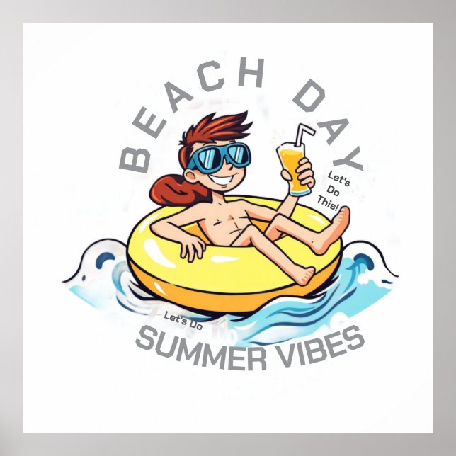 Beach Day Cartoon Character on Inflatable Ring Poster (Front)