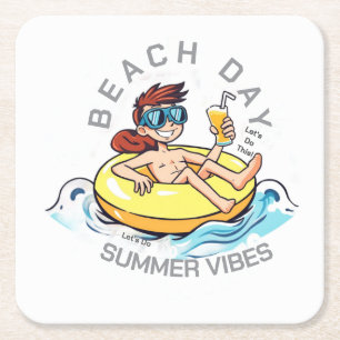 Beach Day Cartoon Character on Inflatable Ring Square Paper Coaster