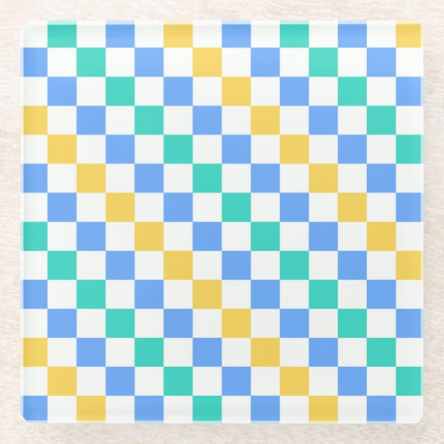Beach day diagonal checkerboard pattern glass coaster (Front)