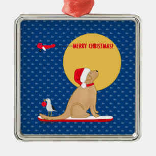 Beach Day Surfing Golden Santa Dog Ornament