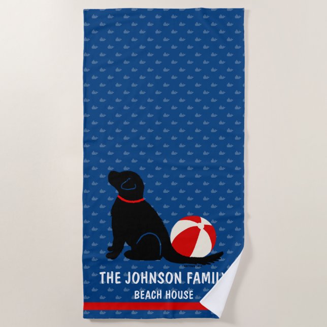 Beach Days Black Dog Blue Whales Beach Towel (Front)