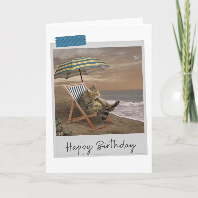 Beach Deckchair Cat Funny Birthday Card (Front)