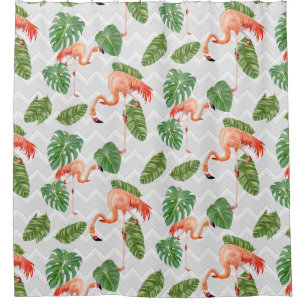Beach Decor Watercolor Flamingo Tropical Leaf Art Shower Curtain