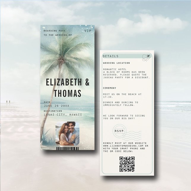 Beach Destination Modern Aqua Palm Photo Wedding Invitation (tropical beach destination wedding invitation boarding pass qr code all in one photo QR watercolor)