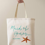Beach destination starfish wedding maid of honour tote bag<br><div class="desc">Starfish maid of honour sea / beach / destination wedding tote bag with aqua blue calligraphy script and editable text. Personalise it with maid of honour's name.</div>