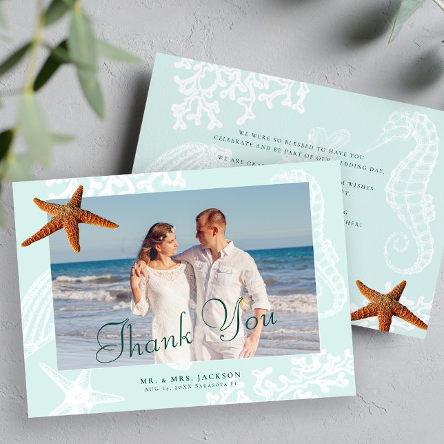 Beach destination starfish wedding photo thank you card (Creator Uploaded)