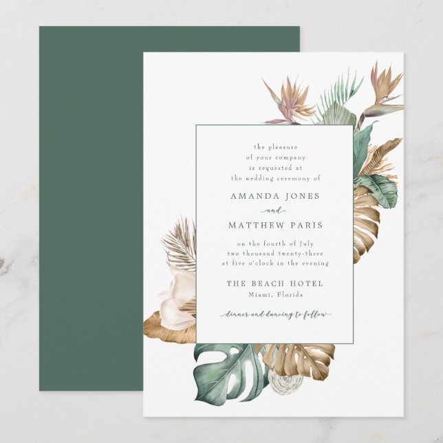 Beach Destination Tropical Leaf Floral Wedding Invitation (Front/Back)