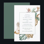Beach Destination Tropical Leaf Floral Wedding Invitation<br><div class="desc">Tropical leaf and flower design wedding invitation, perfect for your beach wedding. Green, gold and mauve tropical flower and leaf border with a mixture of script and serif fonts. Invitations reverses to coordinating green on the back side. Visit our store or the collection below to see all products in this...</div>