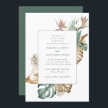 Beach Destination Tropical Leaf Floral Wedding Invitation<br><div class="desc">Tropical leaf and flower design wedding invitation, perfect for your beach wedding. Green, gold and mauve tropical flower and leaf border with a mixture of script and serif fonts. Invitations reverses to coordinating green on the back side. Visit our store or the collection below to see all products in this...</div>