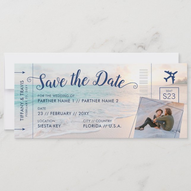 Beach Destination Wedding Boarding Pass Photo Save The Date (Front)