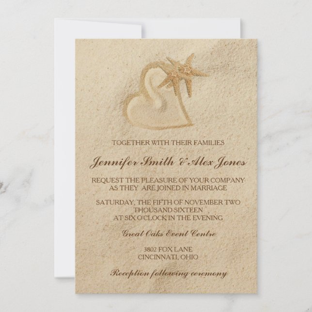 Beach Destination Wedding Invitation Sand & Heart (Front)