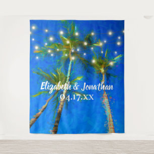Beach Destination Wedding Palm Trees String Lights Tapestry