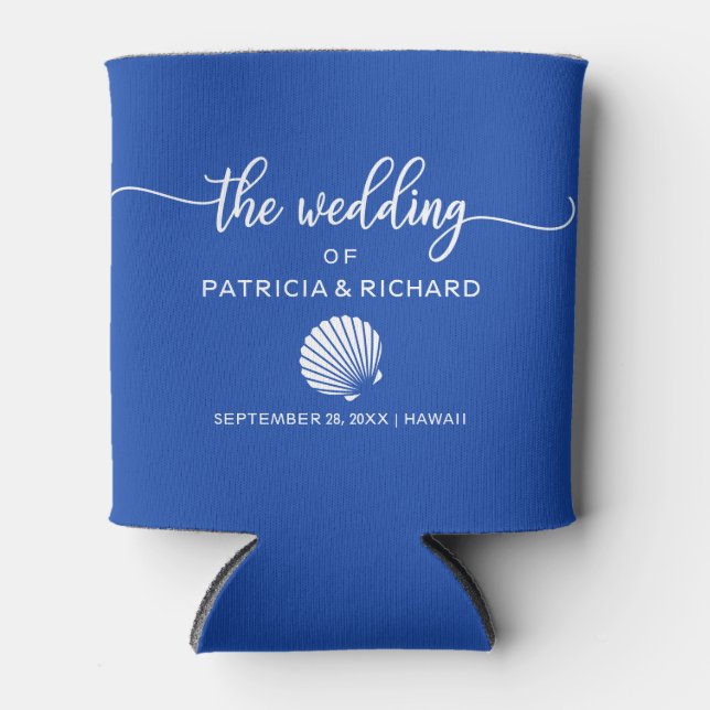 Beach Destination Wedding Seashell Royal Blue Can Cooler (Front)