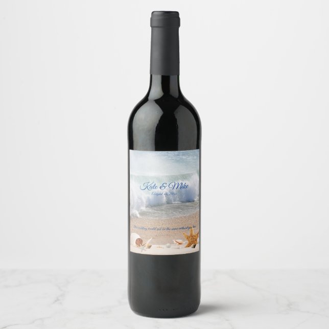 Beach Destination Wedding Seashells Tropical Ocean Wine Label (Front)