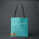 Beach destination wedding welcome blue starfish tote bag<br><div class="desc">Blue turquoise starfish welcome sea / beach / destination wedding tote bag with white calligraphy script and editable text. Personalise it with your destination and your names / date.</div>