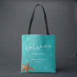 Beach destination wedding welcome blue starfish tote bag<br><div class="desc">Blue turquoise starfish welcome sea / beach / destination wedding tote bag with white calligraphy script and editable text. Personalise it with your destination and your names / date.</div>