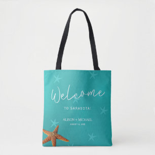 Beach destination wedding welcome blue starfish tote bag
