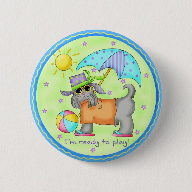 Beach Dog Whimsy Art Green Blue 6 Cm Round Badge (Front)