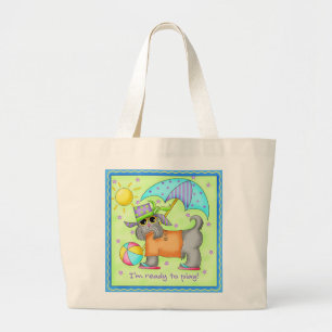 Beach Dog Whimsy Art Green Blue Large Tote Bag
