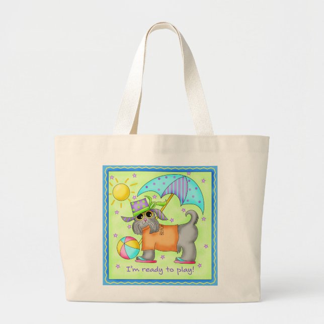 Beach Dog Whimsy Art Green Blue Large Tote Bag (Front)