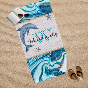 Beach Dolphin Blue Marble Family Monogram  Towel