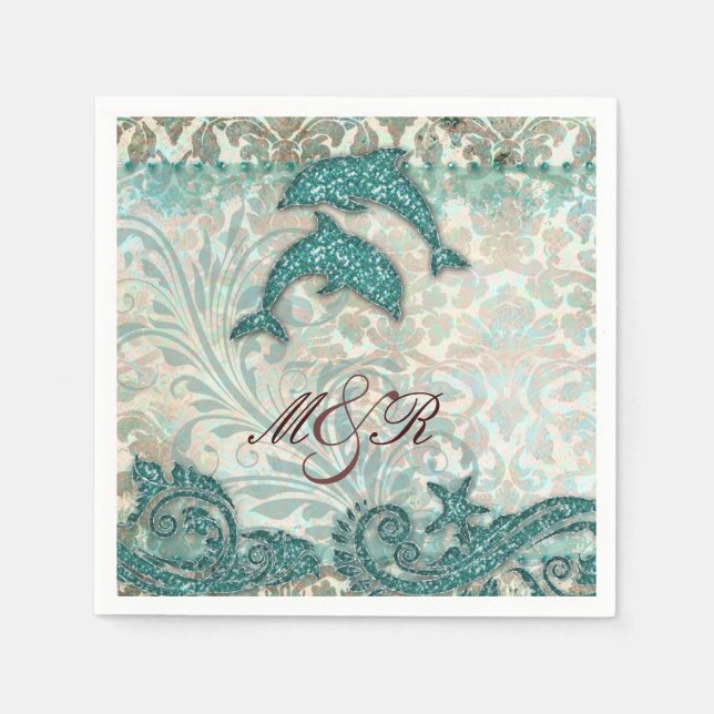Beach Dolphin Damask Wedding Anniversary Napkin (Front)