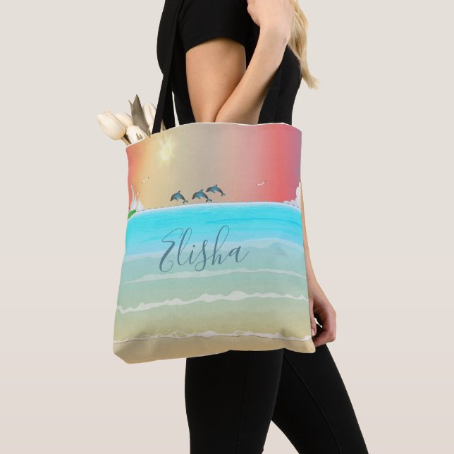 Beach Dolphins Light House Ocean Tote Bag (Close Up)