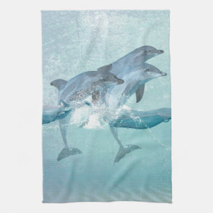 Beach Dolphins Nautical Watercolor Tea Towel