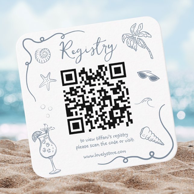 Beach Doodle QR Code Bridal Shower Registry Enclosure Card (Creator Uploaded)