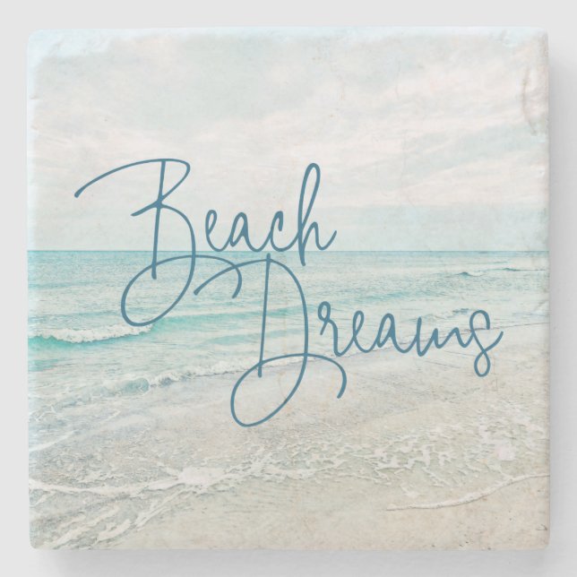 Beach Dreams Inspirational Quote Retro Ocean Waves Stone Coaster (Front)