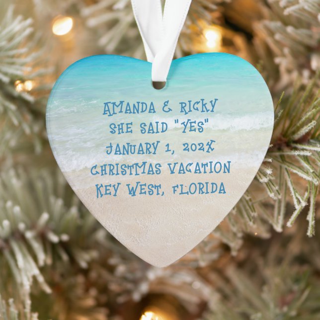Beach Engagement Heart Shaped Photo Ornament (Tree)