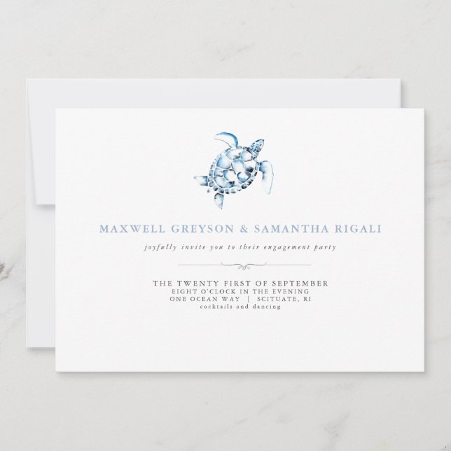 Beach Engagement Party Invitations Sea Turtle Blue (Front)