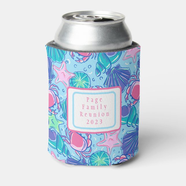 Beach Family Reunion Coastal Shell Crab Can Cooler (Can Back)