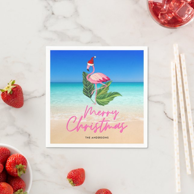 Beach Flamingo Florida Merry Christmas Napkin (Insitu)