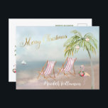 Beach Flamingo Merry Christmas Budget Postcard<br><div class="desc">Merry Christmas on this lovely Watercolor Beach -- peaceful and gentle scene with two beach chairs -- friendly flamingo with lovely wreath -- Palm tree with a few ornaments. Also available in different paper weights -- your selection. Any design questions, just send an email to charmdesignstudio@rcn.com and we'll be delighted...</div>