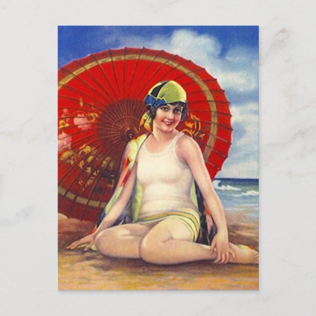 Beach Flapper Girl Postcard Asian Umbrella Cloche (Front)